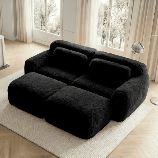 Sofá modular de 2 lugares - Tecido felpudo macio, chaise longue, sem montagem - Preto