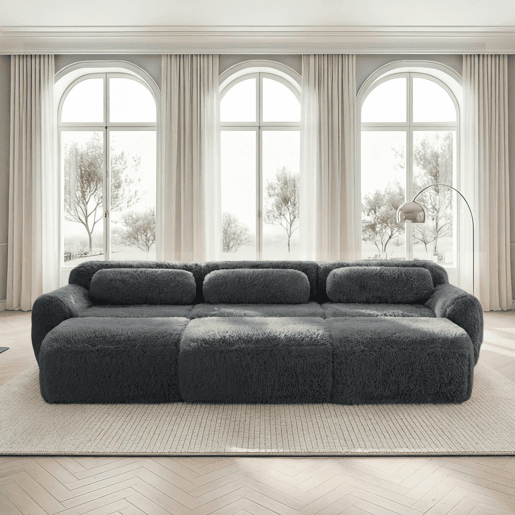 Sofá modular - 3 lugares - Tecido felpudo macio, 3 pufes, sofá-cama confortável - Cinza