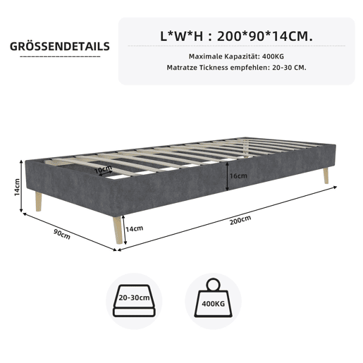 Cama moderna minimalista 90x200 - Base baixa, estilo moderno - Cinza