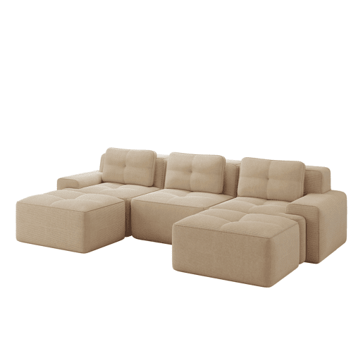 Sofá modular U 3 lugares - Cloud, com otomana, estofado em veludo cotelê, sem montagem - Bege