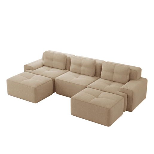 Sofá modular U 3 lugares - Cloud, com otomana, estofado em veludo cotelê, sem montagem - Bege