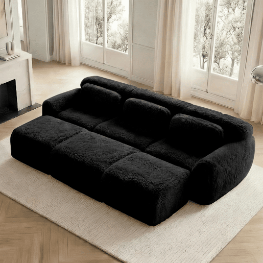 Sofá Boneless Cloud 3 lugares - Modular, veludo macio, 3 pufes - Preto