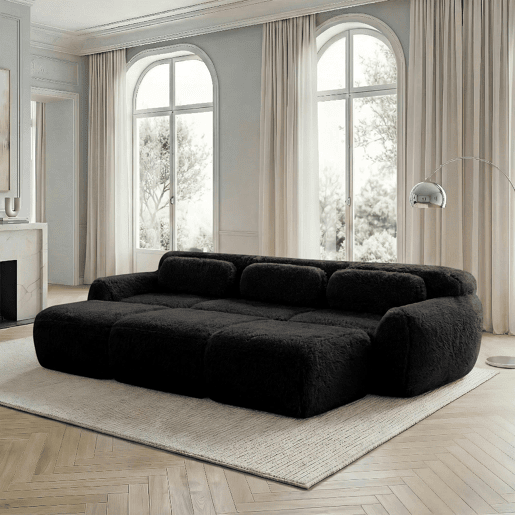 Sofá Boneless Cloud 3 lugares - Modular, veludo macio, 3 pufes - Preto
