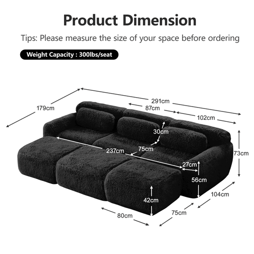 Sofá Boneless Cloud 3 lugares - Modular, veludo macio, 3 pufes - Preto