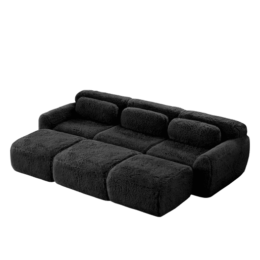 Sofá Boneless Cloud 3 lugares - Modular, veludo macio, 3 pufes - Preto