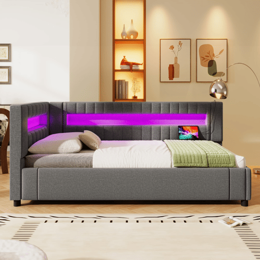 Sofá-cama 90x200 cm - LED com comando, armazenamento hidráulico, USBTYPE-C - Cinza Sofá-cama 90x200 cm - LED com comando, armazenamento hidráulico, USBTYPE-C - Cinza