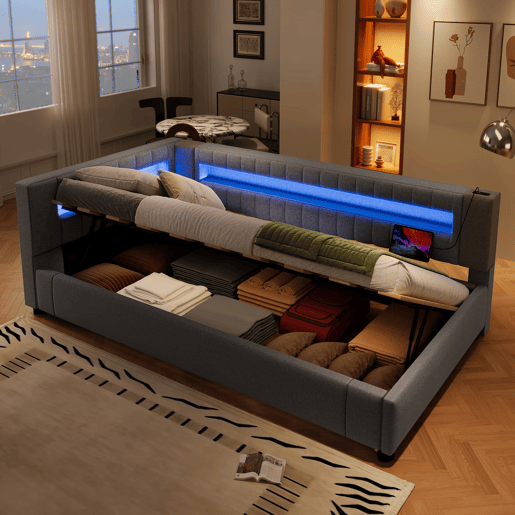 Sofá-cama 90x200 cm - LED com comando, armazenamento hidráulico, USBTYPE-C - Cinza Sofá-cama 90x200 cm - LED com comando, armazenamento hidráulico, USBTYPE-C - Cinza