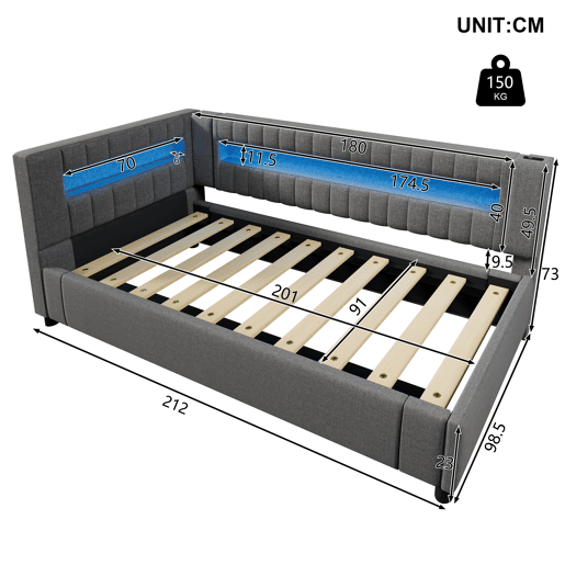 Sofá-cama 90x200 cm - LED com comando, armazenamento hidráulico, USBTYPE-C - Cinza Sofá-cama 90x200 cm - LED com comando, armazenamento hidráulico, USBTYPE-C - Cinza