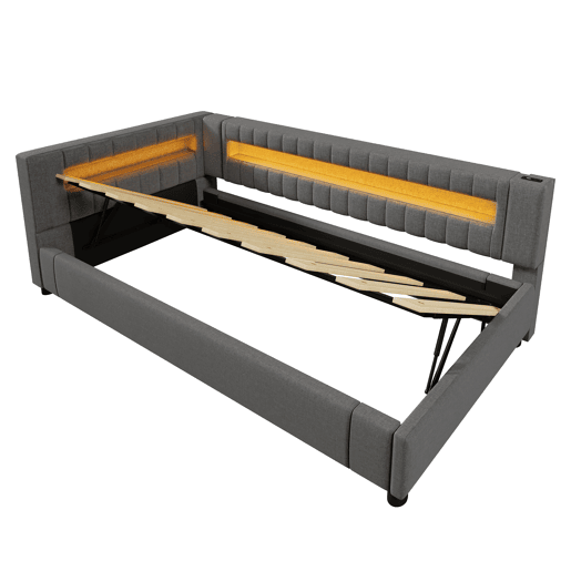 Sofá-cama 90x200 cm - LED com comando, armazenamento hidráulico, USBTYPE-C - Cinza Sofá-cama 90x200 cm - LED com comando, armazenamento hidráulico, USBTYPE-C - Cinza