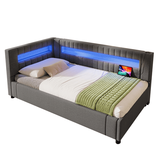 Sofá-cama 90x200 cm - LED com comando, armazenamento hidráulico, USBTYPE-C - Cinza Sofá-cama 90x200 cm - LED com comando, armazenamento hidráulico, USBTYPE-C - Cinza