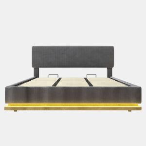 Cama estofada moderna 180x200 - com iluminação LED, USB-C, cabeceira ajustável, arrumação - Cinza