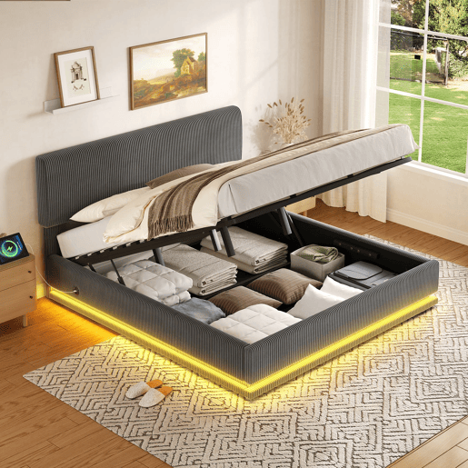 Cama estofada moderna 180x200 - com iluminação LED, USB-C, cabeceira ajustável, arrumação - Cinza