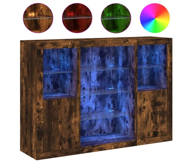 Aparador - mueble de almacenamiento con luz led 3 pzas madera de ingeniería roble ahumado es2107