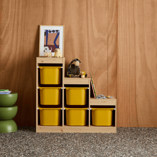 Móvel de arrumação infantil em escada com 6 caixas Mostarda - 96x38.5x90 cm Móvel de arrumação infantil em escada com 6 caixas Mostarda - 96x38.5x90 cm
