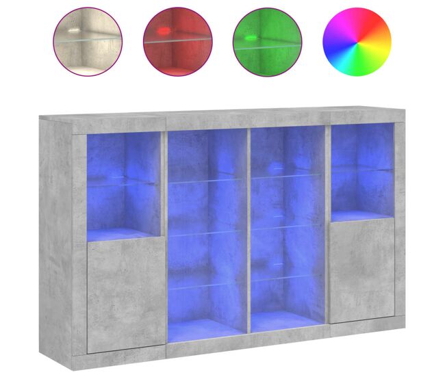 Aparador - mueble de almacenamiento con luz led 3 pzas madera de ingeniería gris hormigón es2098