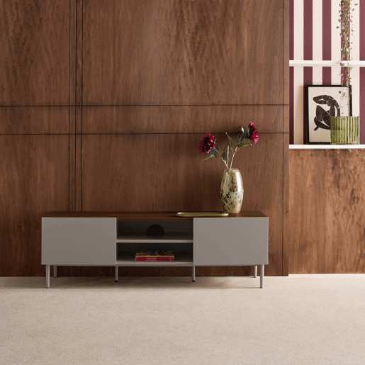 Móvel de TV em metal e decoração em madeira com 2 portas, 140cm Cinza - 140x40x44 cm