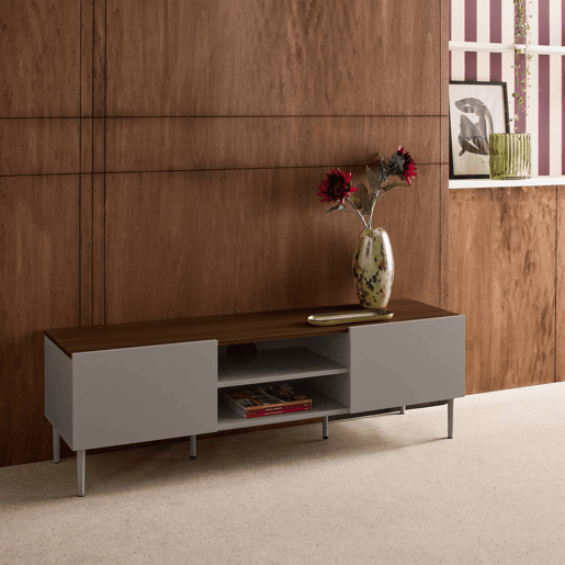 Móvel de TV em metal e decoração em madeira com 2 portas, 140cm Cinza - 140x40x44 cm
