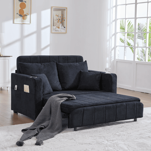 Sofá de tecido multifuncional - dobrável, 2 funções, lavável, USB, porta-copos - Preto