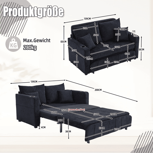 Sofá de tecido multifuncional - dobrável, 2 funções, lavável, USB, porta-copos - Preto