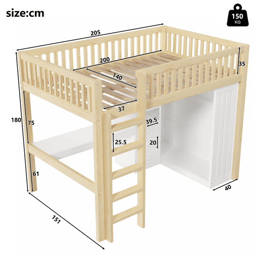 Cama alta 140x200 cm - Secretária, armário, 3 gavetas, arrumação, grade, escada - Natural