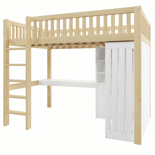 Cama alta 140x200 cm - Secretária, armário, 3 gavetas, arrumação, grade, escada - Natural