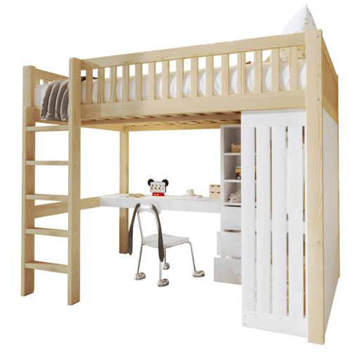 Cama alta 140x200 cm - Secretária, armário, 3 gavetas, arrumação, grade, escada - Natural