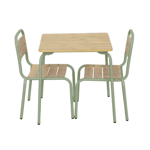 Mesa de jardim infantil em aço e decoração em madeira con 2 assentos Verde cinzento - 48x48x47 cm