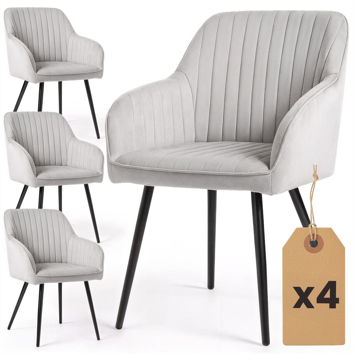 Juego de 4 sillas de terciopelo con costuras verticales FLORENCE Gris