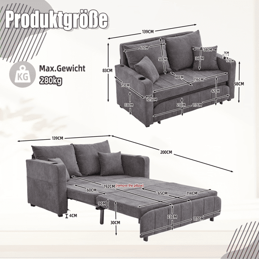 Sofá de 2 lugares - multifuncional, dobrável, removível, com arrumação, USB e porta-copos - Cinza