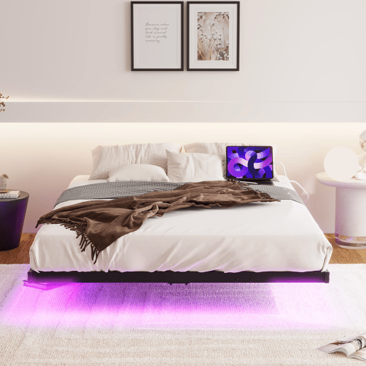 Cama plataforma 120x200 - LED, estação de carregamento, estrutura metálica robusta - Preto