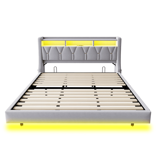 Cama estofada 180 x 200 cm - Encosto rebatível com tomada e compartimento, iluminação LED, pés largos, design flutuante, veludo cinza claro