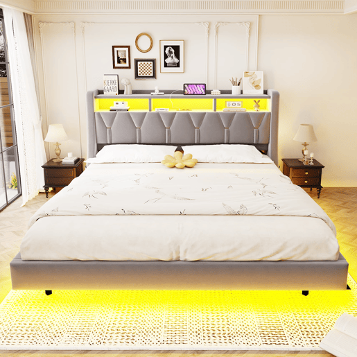 Cama estofada 180 x 200 cm - Encosto rebatível com tomada e compartimento, iluminação LED, pés largos, design flutuante, veludo cinza claro