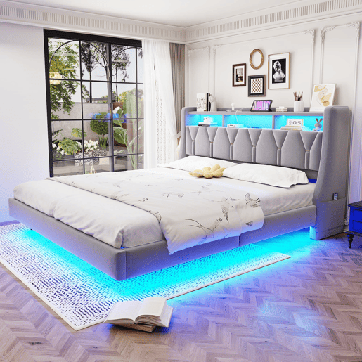 Cama estofada 180 x 200 cm - Encosto rebatível com tomada e compartimento, iluminação LED, pés largos, design flutuante, veludo cinza claro