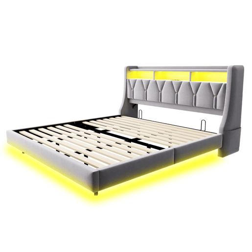 Cama estofada 180 x 200 cm - Encosto rebatível com tomada e compartimento, iluminação LED, pés largos, design flutuante, veludo cinza claro