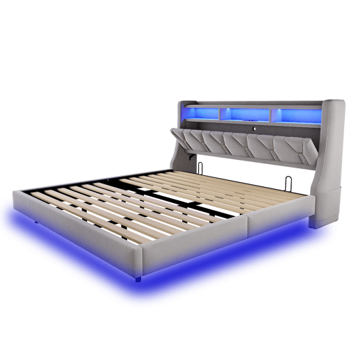 Cama estofada 180 x 200 cm - Encosto rebatível com tomada e compartimento, iluminação LED, pés largos, design flutuante, veludo cinza claro