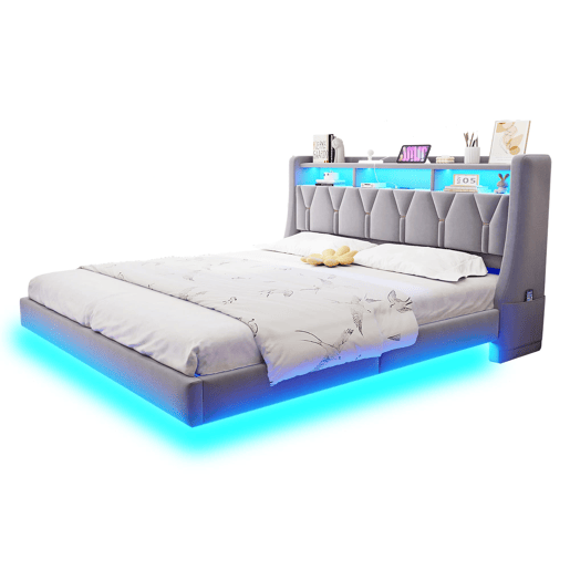 Cama estofada 180 x 200 cm - Encosto rebatível com tomada e compartimento, iluminação LED, pés largos, design flutuante, veludo cinza claro