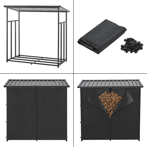 Suporte para lenha Yakutat com lona metal 145x143x70cm Preto casa.pro Suporte para lenha Yakutat com lona metal 145x143x70cm Preto casa.pro