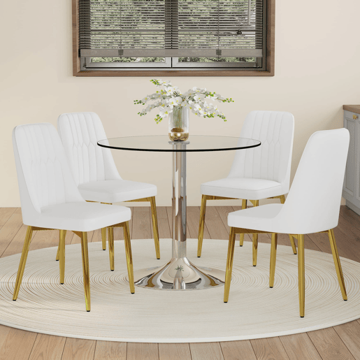 Conjunto de mesa de jantar 85 cm - vidro e 4 cadeiras modernas em PU - branco, dourado e prateado