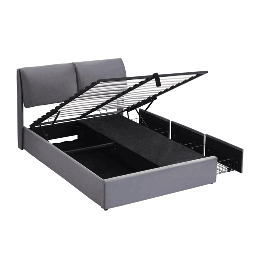 Cama estofada 140x190 - base hidráulica, 3 gavetas, arrumação, sem colchão - cinzento Cama estofada 140x190 - base hidráulica, 3 gavetas, arrumação, sem colchão - cinzento