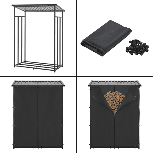 Suporte para lenha Yakutat com lona metal 185x130x70cm Preto casa.pro