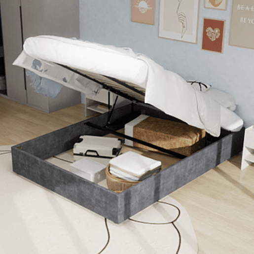 Cama estofada 160x200 - minimalista, com elevador pneumático - cinzenta