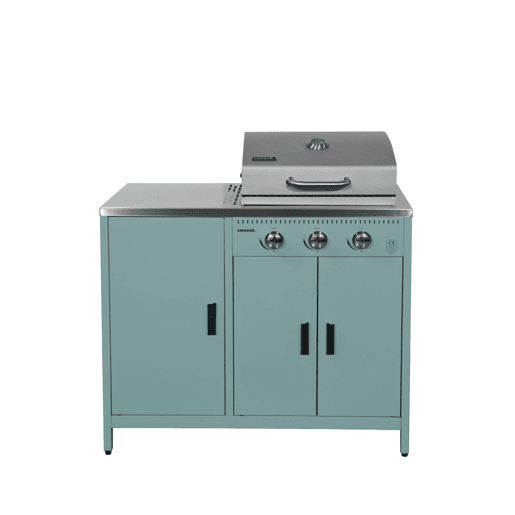 Churrasqueira a gás com 3 queimadores, 3 portas e termómetro Azul cinza - 100x51x87.5 cm Churrasqueira a gás com 3 queimadores, 3 portas e termómetro Azul cinza - 100x51x87.5 cm