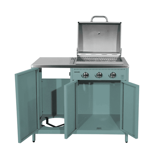 Churrasqueira a gás com 3 queimadores, 3 portas e termómetro Azul cinza - 100x51x87.5 cm Churrasqueira a gás com 3 queimadores, 3 portas e termómetro Azul cinza - 100x51x87.5 cm