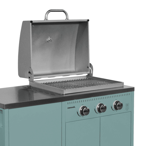 Churrasqueira a gás com 3 queimadores, 3 portas e termómetro Azul cinza - 100x51x87.5 cm Churrasqueira a gás com 3 queimadores, 3 portas e termómetro Azul cinza - 100x51x87.5 cm