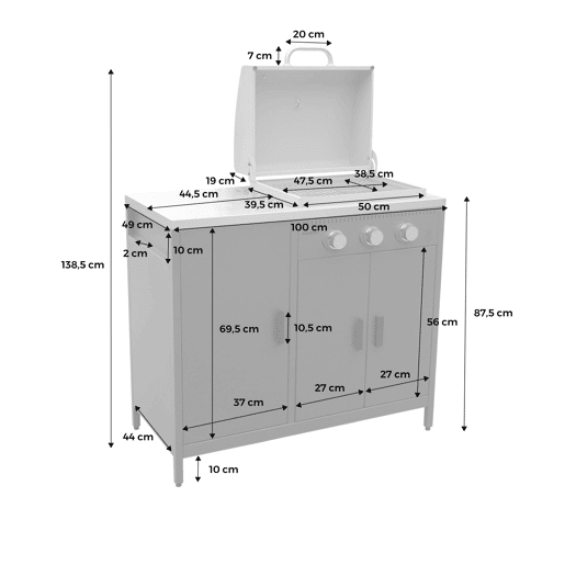 Churrasqueira a gás com 3 queimadores, 3 portas e termómetro Azul cinza - 100x51x87.5 cm Churrasqueira a gás com 3 queimadores, 3 portas e termómetro Azul cinza - 100x51x87.5 cm