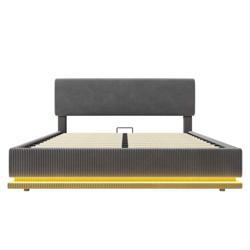 Cama estofada 140x200 - LED, USB-C, cabeceira ajustável, arrumação, tecido cinzento cord