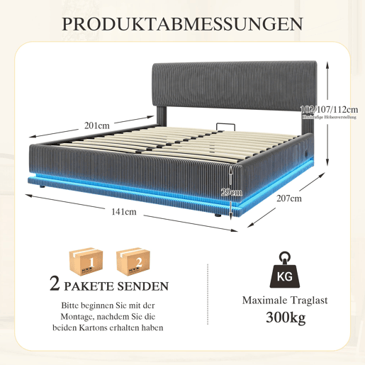 Cama estofada 140x200 - LED, USB-C, cabeceira ajustável, arrumação, tecido cinzento cord