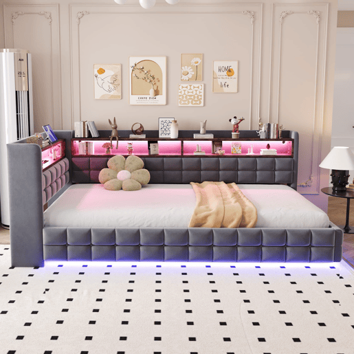 Sofá-cama multifuncional 90x200 - Armazenamento hidráulico, LED, USBTipo-C, prateleira de madeira - Cinza escuro Sofá-cama multifuncional 90x200 - Armazenamento hidráulico, LED, USBTipo-C, prateleira de madeira - Cinza escuro