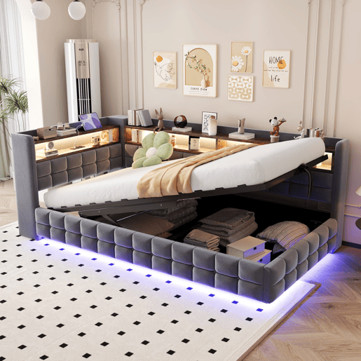 Sofá-cama multifuncional 90x200 - Armazenamento hidráulico, LED, USBTipo-C, prateleira de madeira - Cinza escuro Sofá-cama multifuncional 90x200 - Armazenamento hidráulico, LED, USBTipo-C, prateleira de madeira - Cinza escuro