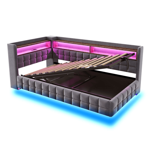 Sofá-cama multifuncional 90x200 - Armazenamento hidráulico, LED, USBTipo-C, prateleira de madeira - Cinza escuro Sofá-cama multifuncional 90x200 - Armazenamento hidráulico, LED, USBTipo-C, prateleira de madeira - Cinza escuro